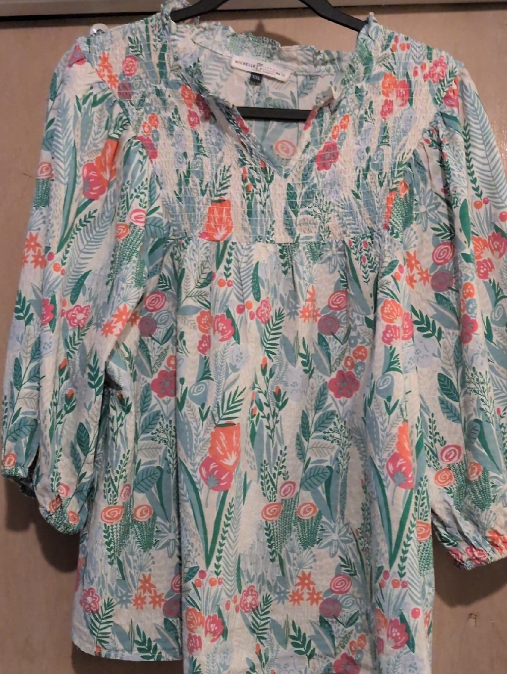 Michele McDowell Beige Floral Tunic with Coral & Teal Accents